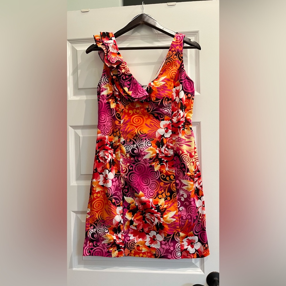 Blue Sage Vibrant Tropical Colored Cotton Dress, Size 6, Ruffled Shoulder EUC